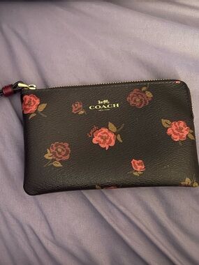 Coach Black Floral Zip Wristlet with Red Rose Print